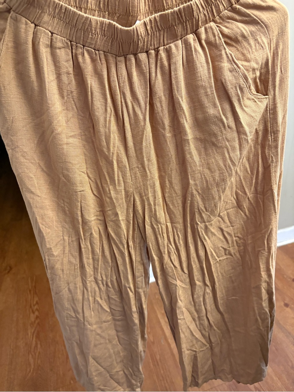 Zenana Outfitters Light Brown Elastic-Waist Wide Leg Linen Pants